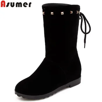 

ASUMER black fashion autumn winter boots women round toe cross tied rivet mid calf boots flock ladies prom boots 2020 new shoes