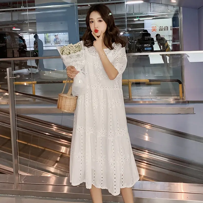 

Summer cotton white pregnant women two-piece dress short sleeve v-neck hollow out lace knee-length maternity dress with lining