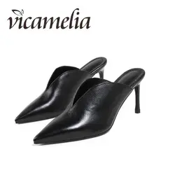 Vicamelia из натуральной кожи Элегантные Тапочки Женская обувь с острым носком босоножки на высоком каблуке Дамы Банкетный тонкий каблук в рот