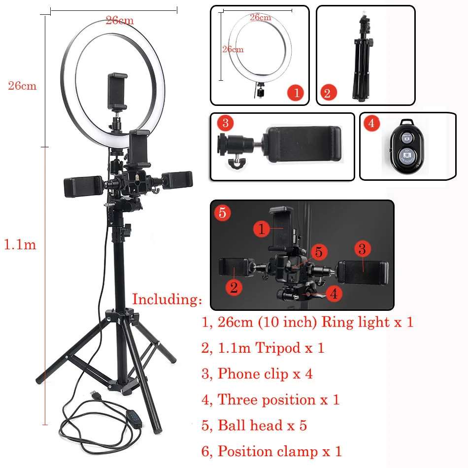 Dimmable 1" 26 см светодиодный кольцевой светильник, камера, смартфон, видео светильник, лампа для макияжа, Youtube, видео-съемка, Набор держателей для телефона - Цвет: Розовый