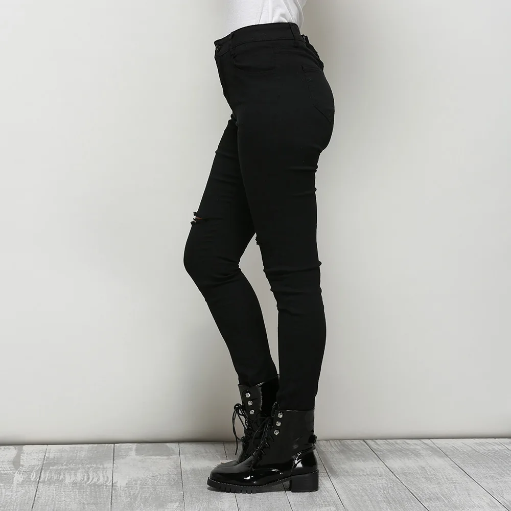 

Skinny High Waist Jeans Women Denim Pants Holes Destroyed Knee Pencil Pants Casual Trousers Black Sheath Stretch Ripped Jeans