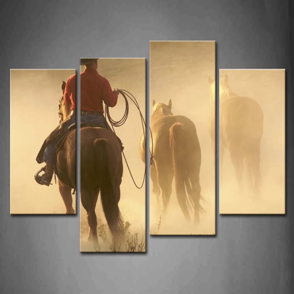 

Framed Wall Art Pictures Cowboy Horses Evening Canvas Print Artwork Animal Posters With Wooden Frames For Living Room