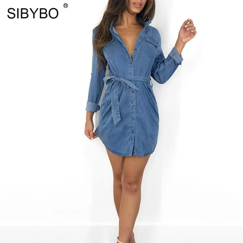 

SIBYBO Button Sashes Sexy Denim Dress Long Sleeve Pockets Loose t Shirt Dress Women 2019 Autumn Winter Mini Party Dresses