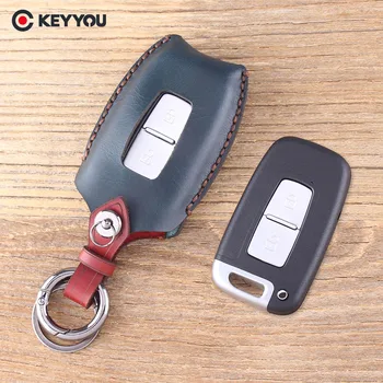 

KEYYOU Leather Cover 2 Buttons Car Key Shell Case Fit For Hyundai Genesis Coupe Sonata Key Case Protector