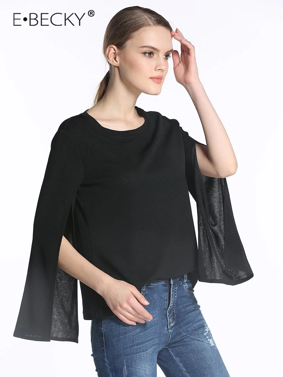 E.BECKY Black and Red Wine Women's Pullover Spring Summer Office Lady Thin Sweater Women O-Neck Split Flare Sleeve Sweaters 2019 E.BECKY Black and Red Wine Women's Pullover Spring Summer Office Lady Thin Sweater Women O-Neck Split Flare Sleeve Sweaters 2019