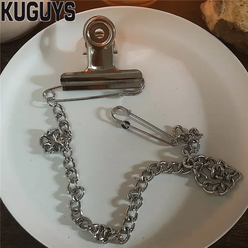 

KUGUYS Hyperbole Large Clamp Brooches 1PCS for Women Fashion Jewelry Alloy Long Chain Pin Brooch Trendy Cool Accessories Gift