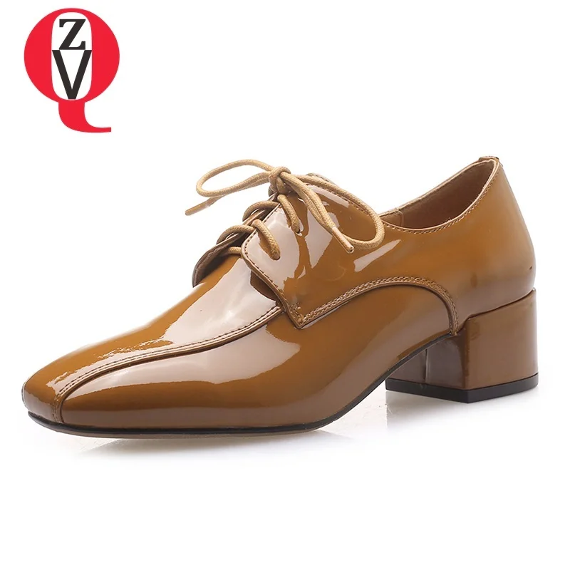

ZVQ 2019 spring newest fashion patent leather square toe cross-tied women pumps med square heels cross-tied two colors shoes