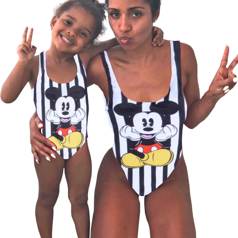 

Mother Girl Swimwear Mommy and Me Family Matching One Piece Swimsuits Beachwear Cute Cartoon Mickey Print Sporty Monokini Bikini