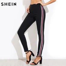 SHEIN Ladies Side Striped Skinny Pants High Waist Woman Pants Casual Women Autumn Black Zipper Fly Skinny Trousers