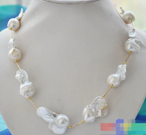 

Wholesale FREE SHIPPING >>> Huge 20" 40mm white baroque KESHI REBORN PEARL GOLDEN NECKLACE