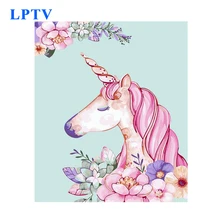 Ручная роспись без рамки Розовый Единорог цветок плакат животное краска по номеру пакет современный стиль Декор для детской спальни
