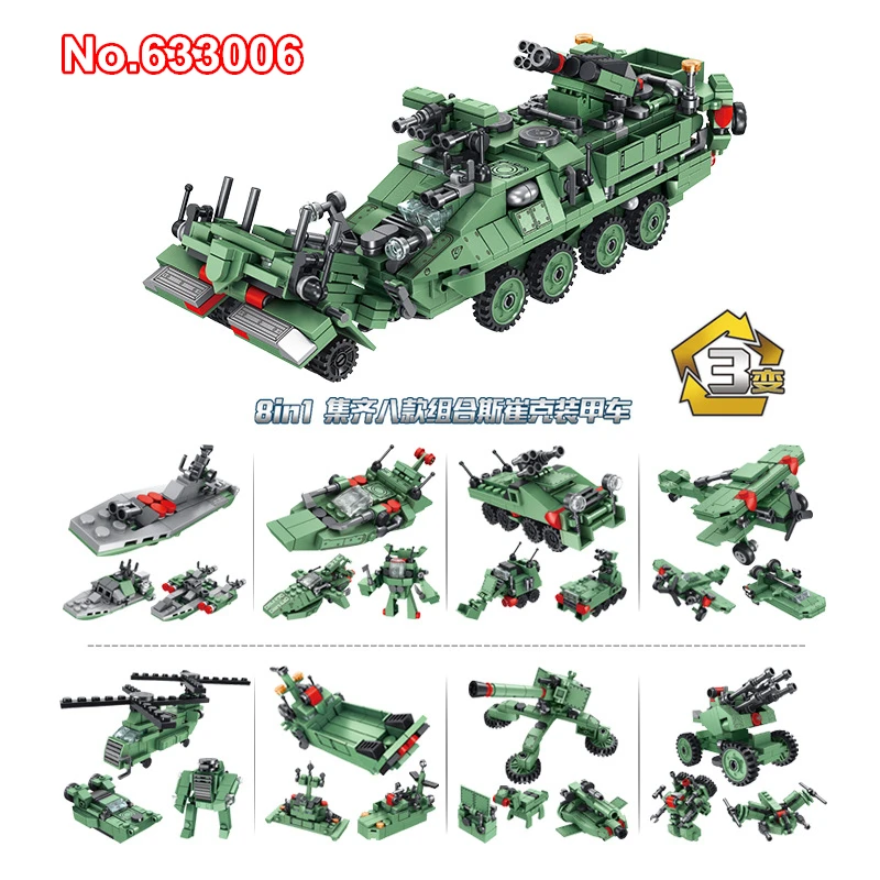 

DIY 8in1 Modern Military Stryker Armored Vehicle Building Blocks Helicopter Hovercraft Landing Warship Artillery Toys for Kids