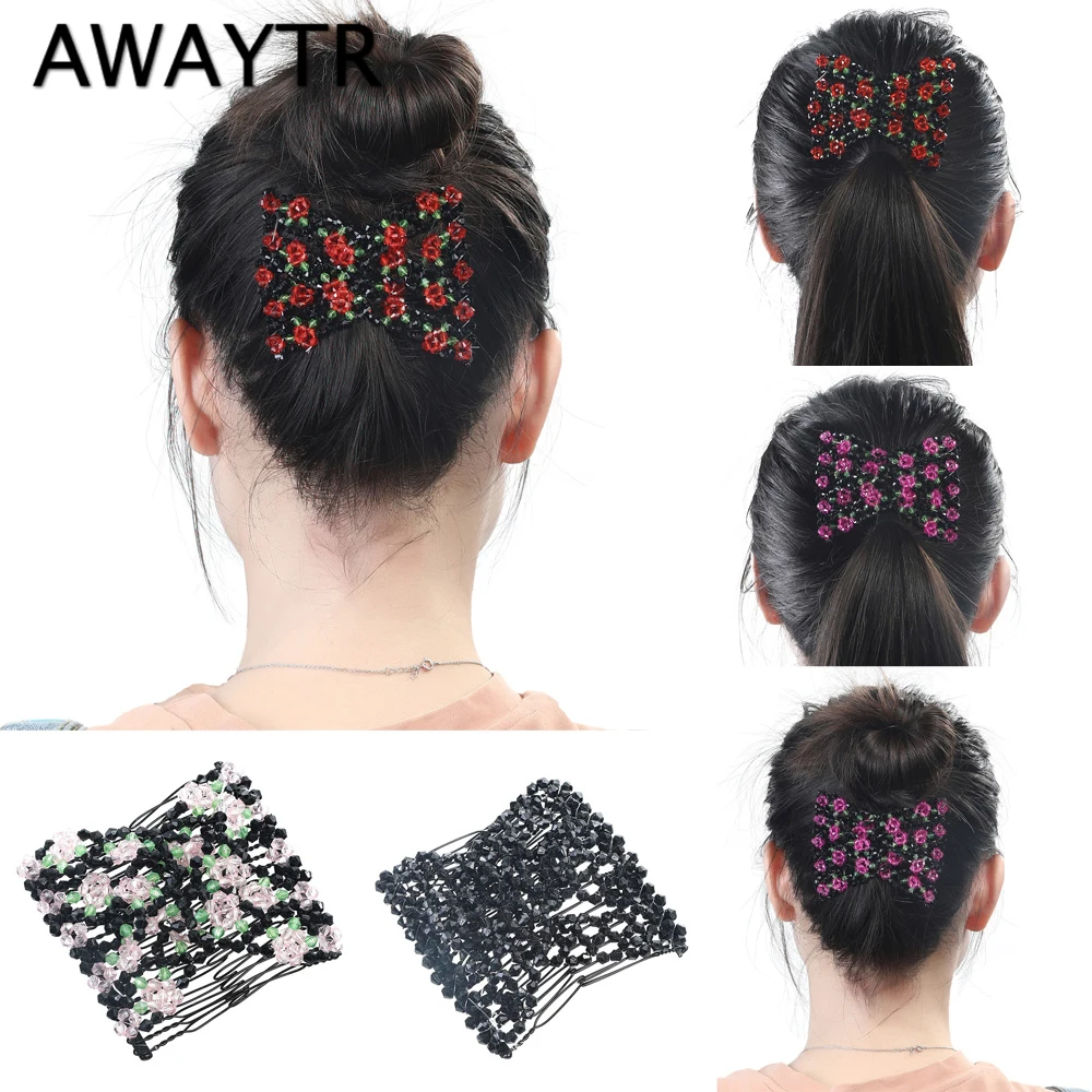 

AWAYTR Vintage Flower Bead Stretchy Hair Combs Double Magic Slide Metal Comb Clip Hairpins for Women Hair Accessories Gift