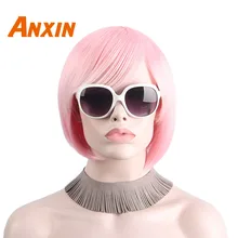 Anxin короткие парики Боба для женщин челка косплей аниме фильм высокой температуры термостойкие розовые Искусственные волосы для париков