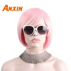 Anxin короткие парики Боба для женщин челка косплей аниме фильм высокой температуры термостойкие розовые Искусственные волосы для париков
