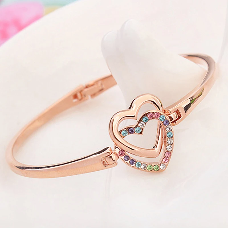 high quality double heart bangle austrian crystal bracelets rose gold