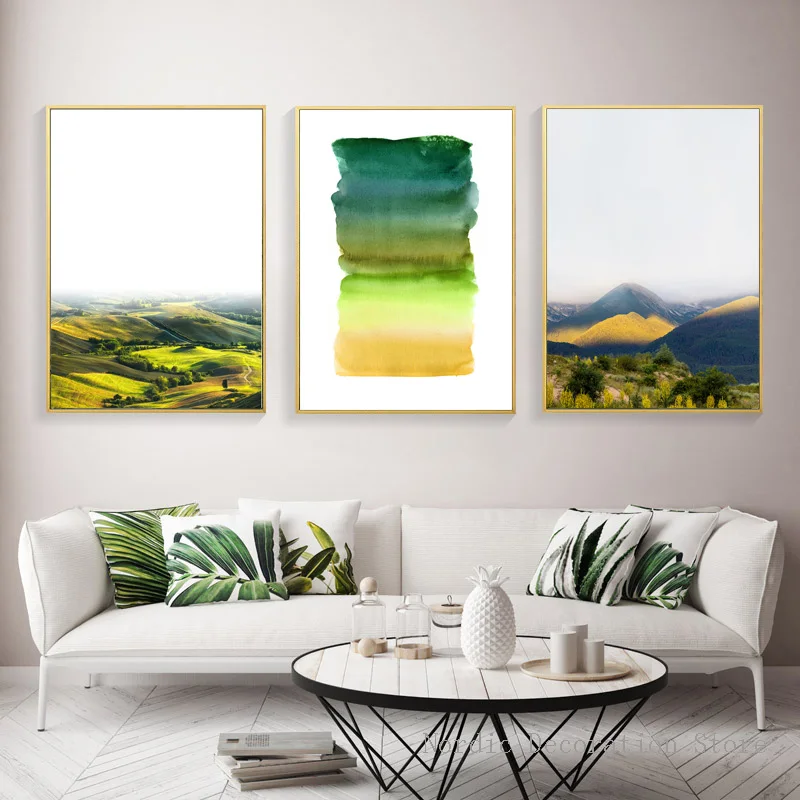 

Nordic Posters Yellow Green Idyllic Landscape Posters And Prints Canvas Art Painting Wall Pictures Plant Hill View Art Unframed