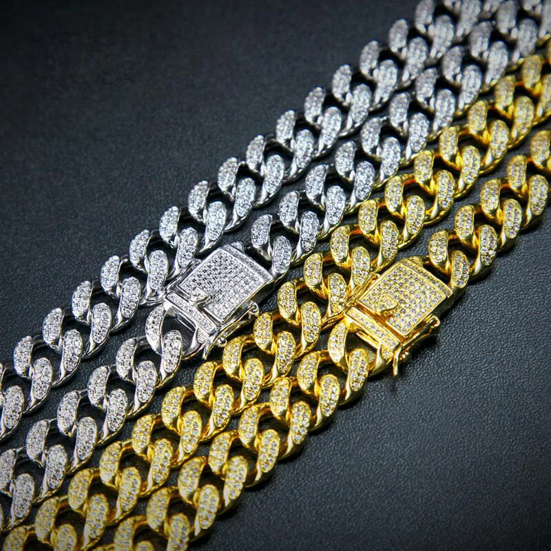 

13mm Iced Out Zircon Miami Cuban Necklace Hip hop Jewelry Gold Silver Paved Clear CZ Clasp Mens Necklace Link 18-24inch