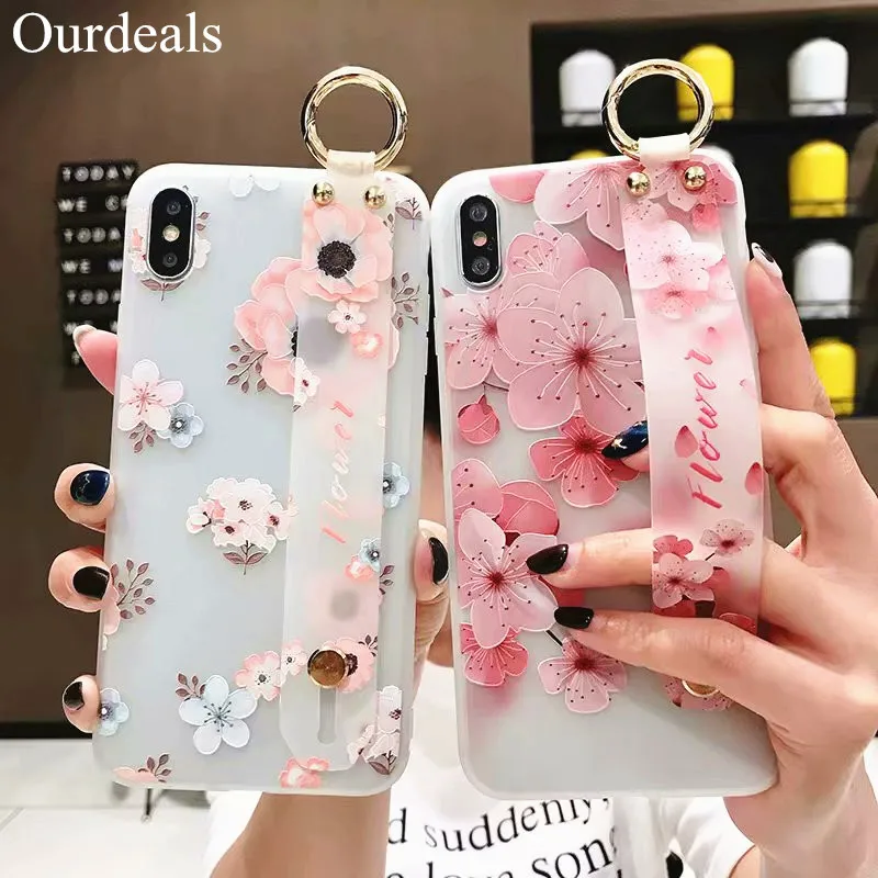 

Ourdeals Fashion wristband Phone Case For Samsung S8 S9plus Note 8 9 S10Pro S10E For Xiaomi TPU soft shell bracket Relief flower