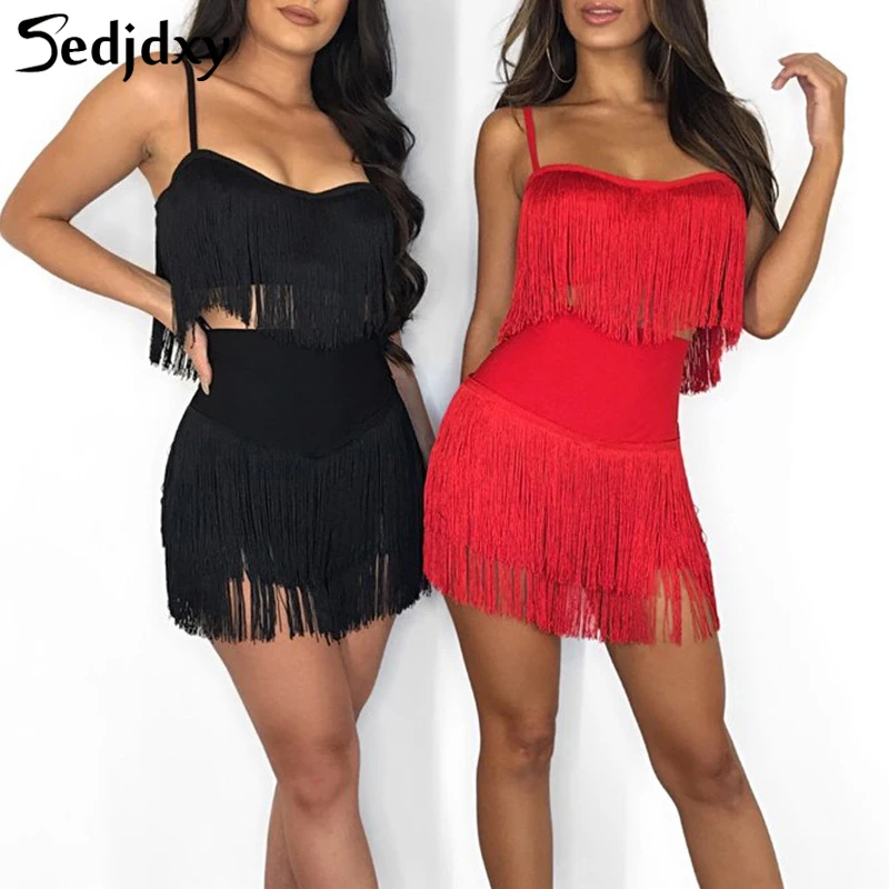 

Sexy Women Tassel Dress Club Party Dress Sexy Off Shoulder Red White Spaghetti Strap Mini Dress Vestidos