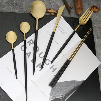 

6 Pcs/Set Gold Dinnerware Set Stainless Steel Cutlery Set Black Knife Fork Tableware Gold Silver Cutleries Western Food Set