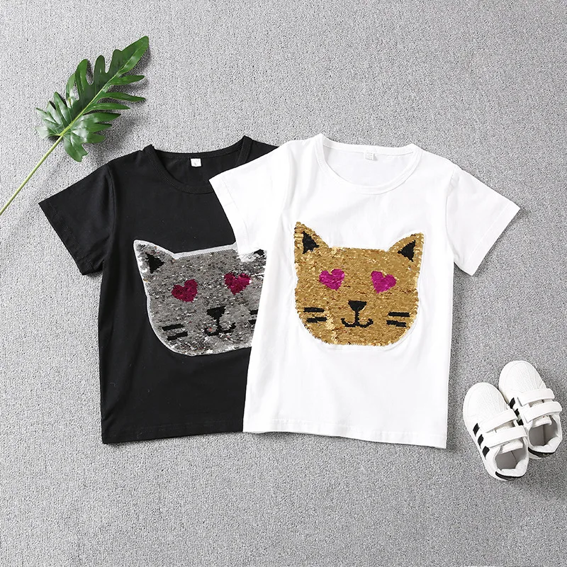 

change color girl Fashion Style cat Sequins Girls T-shirts 2018 Cotton Summer Children Girl white Tshirt Tops For Kids Clothes