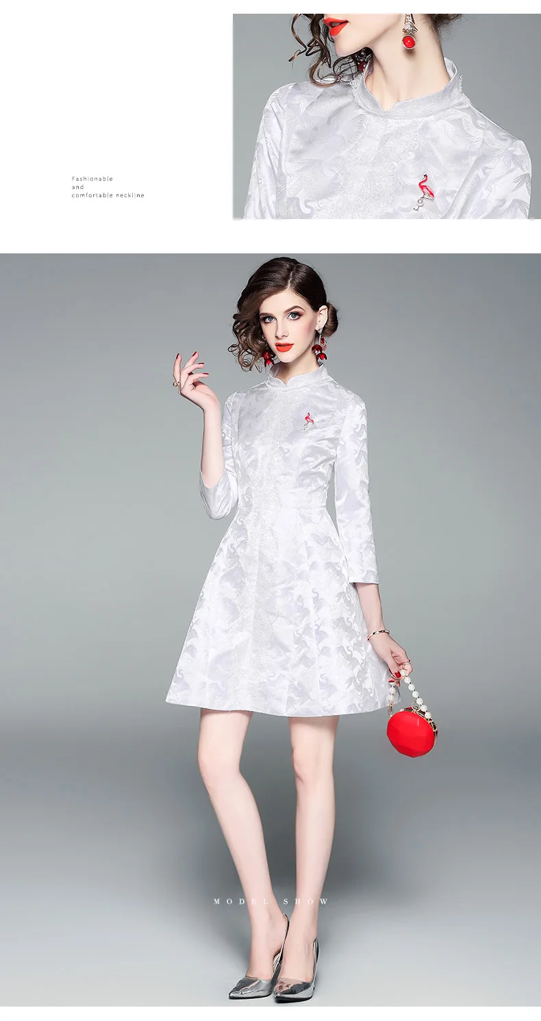 Весна-осень женщина платье Фламинго птиц форма брошь кружевной аппликацией белое платье воротник-стойка Мода-Line выше колена платье