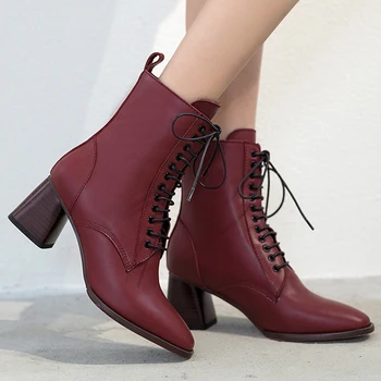 

women Ankle boots 22-25 cm feet length autumn and Winter pointed thick solid color lace casual Martin boots Motorcycle boots