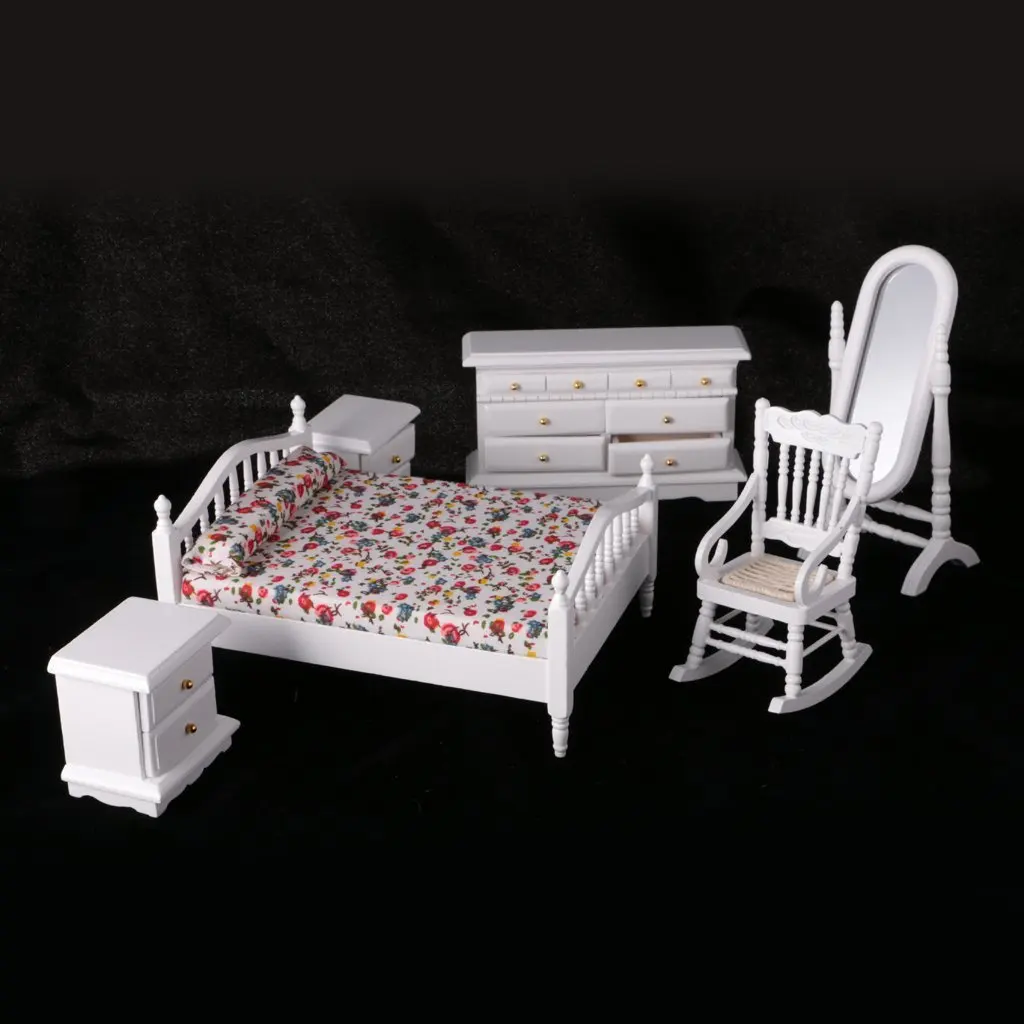 

1: 12 Dollhouse Miniature White Wooden Bedroom Furniture Bed Dresser Mirror Chair Country Style