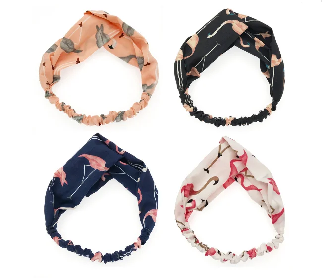 

1 Pcs Women Fashion Headbands Cartoon Flamingo Cross Hair Bands Turban Bandage Bandana Headwear Head wrap Hair Accessories
