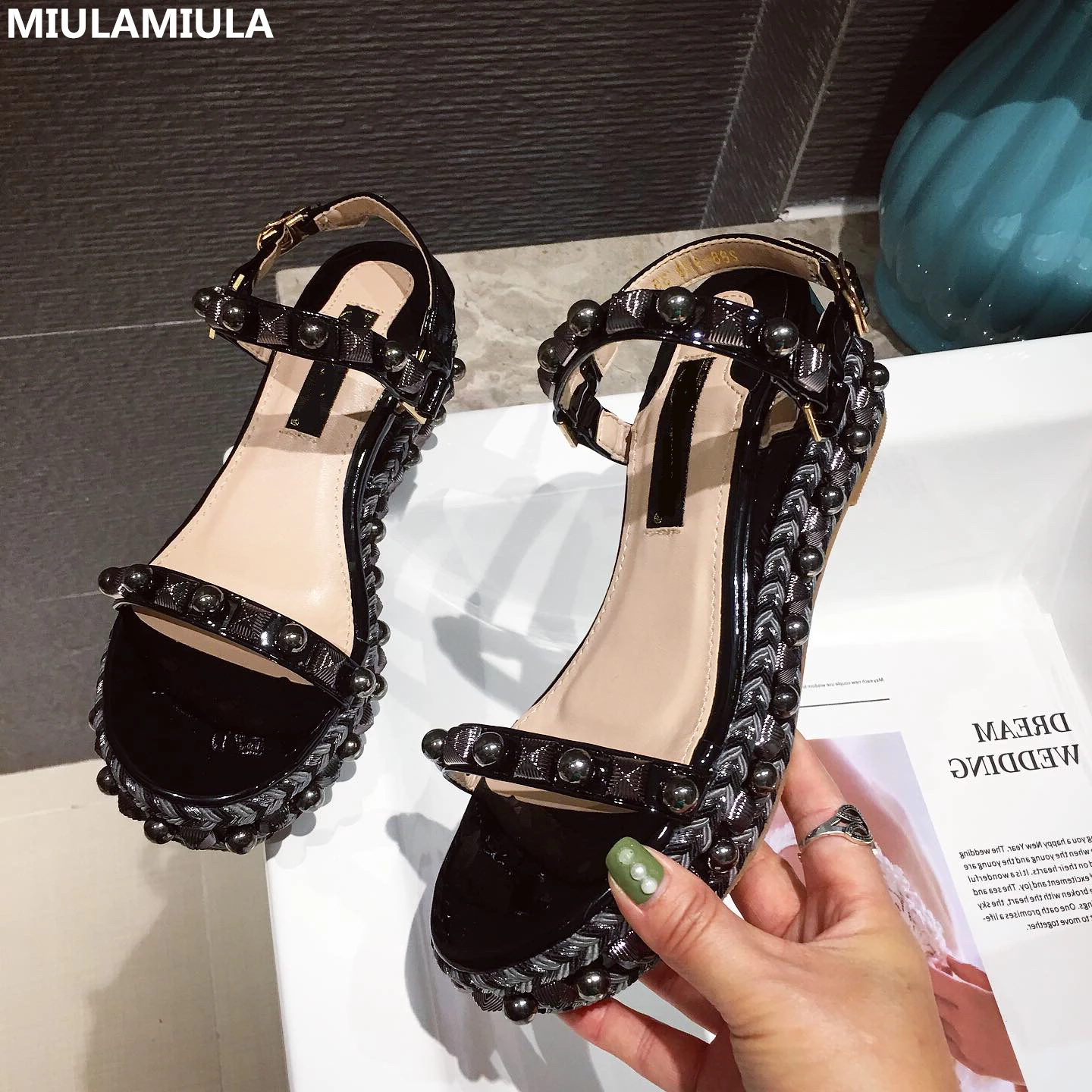

MIULAMIULA Brand Designer 2019 Summer New Luxury Rivet Narrow Band High Heel Wedges Platform Ladies Sandals Rome Shoe SIZE 35-40