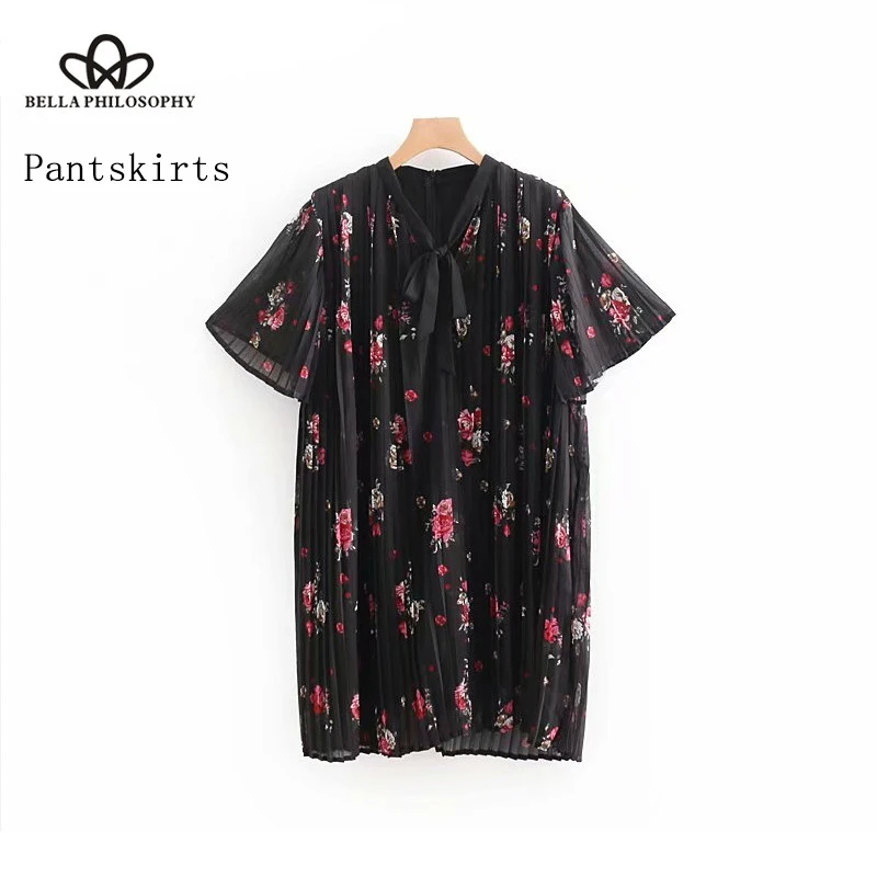 Wonder 2018women vintage short sleeve floral print pleated mini dress female bowknot decoration vestidos high street wear dress