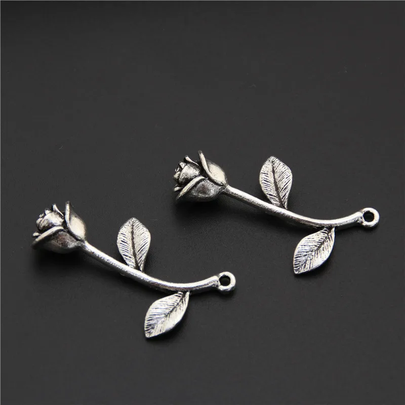 

5pcs Antique Silver Vintage 3D Rose Flowers With Leaves Charms Pendant For Jewelry Making Bracelet Accessories A2509