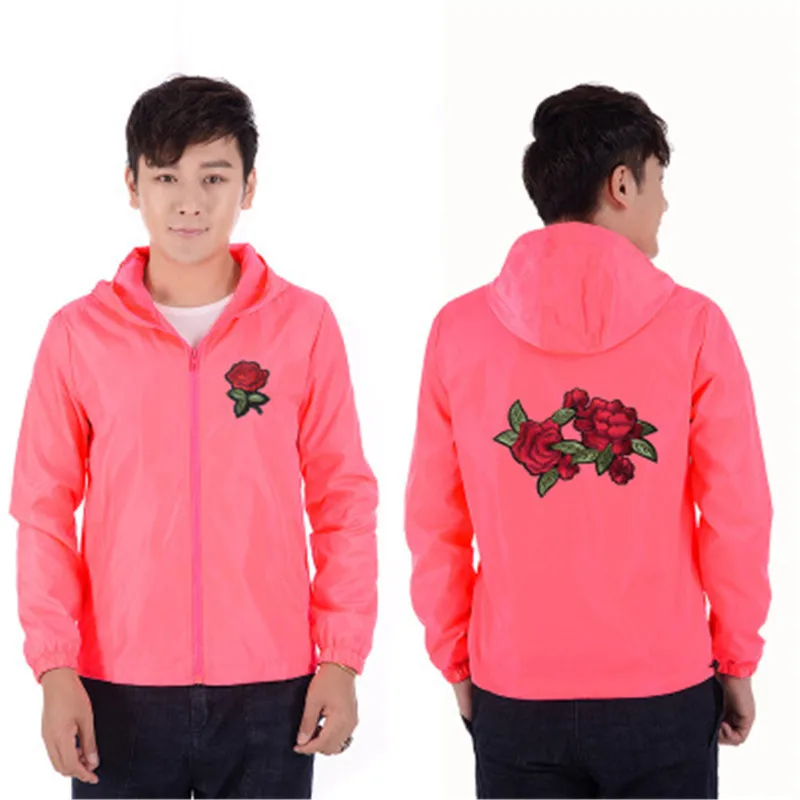 

Japan Unisex men women jackets Europe US spring autumn Pretty girls casual orange red cute rose embroidery zipper hooded Coats