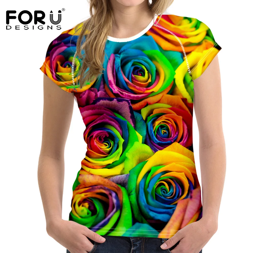FORUDESIGNS 3D Flower Rose T Shirt Femme,Rainbow Floral Tee Shirts for