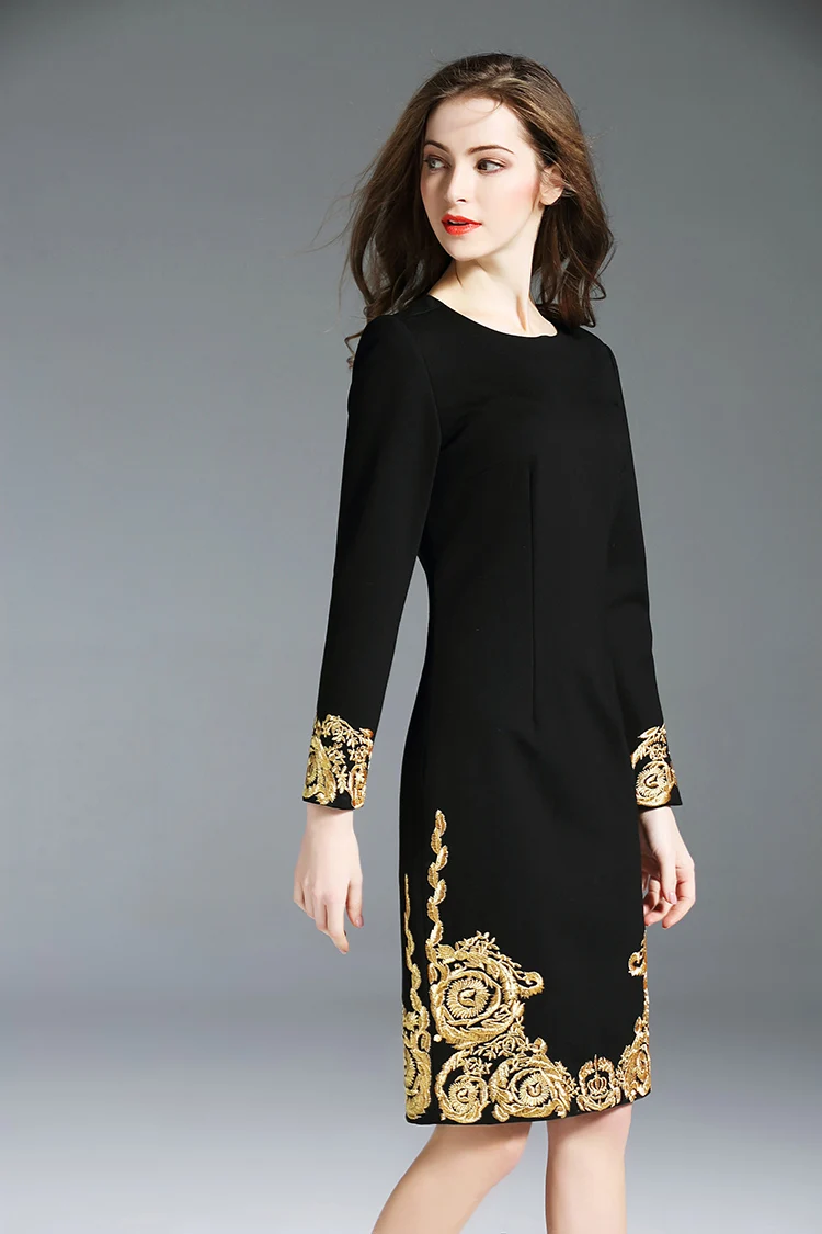 Новинка осени, подиумное модное роскошное Золотое Платье с вышитыми цветами и длинным рукавом, Элегантное Черное вечернее платье с круглым вырезом, vestidos S-3XL размера