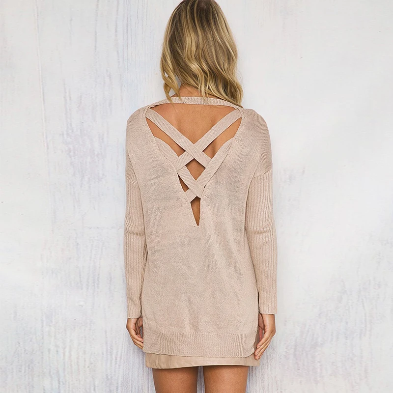 HYH HAOYIHUI Spring New Fashion Sweater Women Vintage Cross Back O-Neck Solid Slim Pullover Female Elegant Brief Knitted Tops