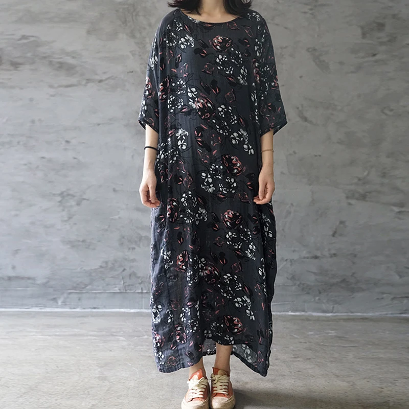 

Johnature New Comfortable Vintage Floral Print Double Layer Cotton Linen Dress 2019 Autumn Three Quarter Sleeve Women Dresses