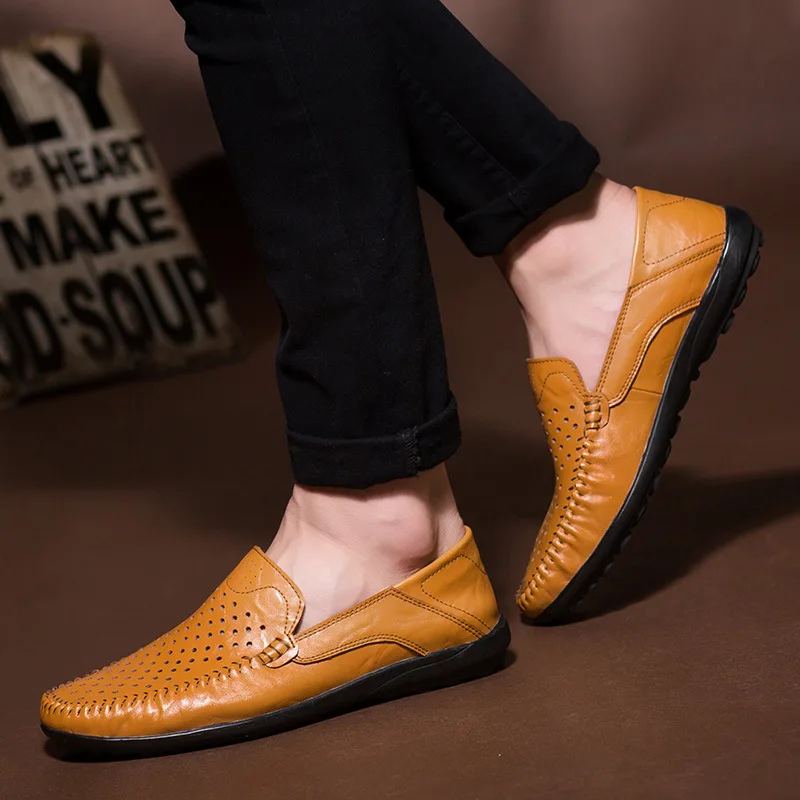 

M-anxiu Dropshipping Sewing Pattern Men's Breathable Genuine Leather Shoes Round Toe Slip On Loafers Hollow Men Business shoes