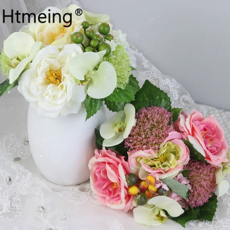

Htmeing wedding bouquet mixed hydrangea orchid silk artificial roses flowers ball fake peony decorative wedding flowers