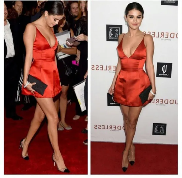 Sexy V Neck Spaghetti Strap Orange Red Satin A Line Mini Short Celebrity Dress Selena Gomez Red Carpet Dresses