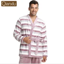 Зимняя одежда для дома мужская Повседневная Пижама в полоску наборы Мужская Фланелевая одежда для сна костюм с поясом пары v-образным вырезом воротник пальто и брюки