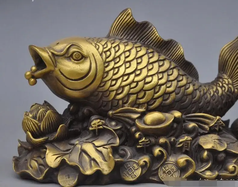 

S4064 chinese bronze brass animal fish Lotus Coins wealth yuanbao good luck statues
