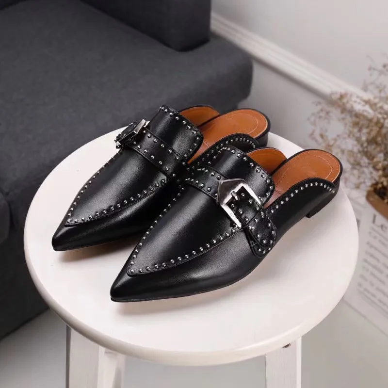 Con Pantofole dark Tacco Nero Cintura Punta Basso Donne 2018 Baotou Il Fibbia Pelle Le Delle brown Nuovo Rivetto Della Sandali Retrò Autunno A In Scarpe Piatto Singolo Blue Di ROp4vOq