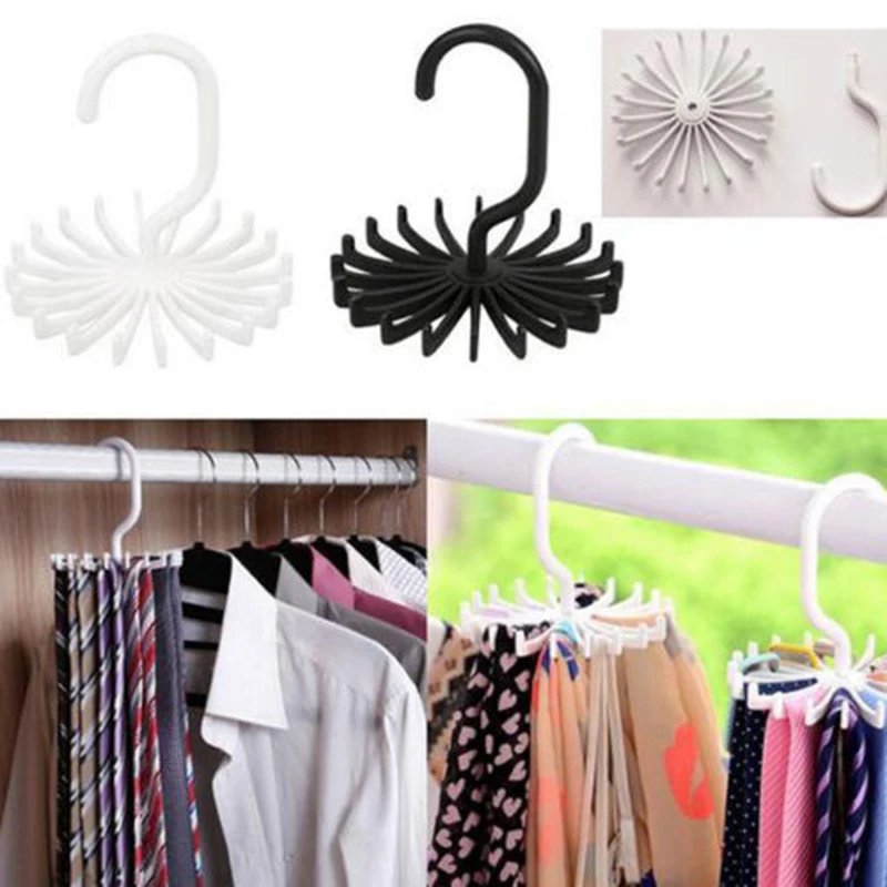 

360 Degree Rotating 20 Hooks Belt Neck Tie Holder Rack Hanger Organizer Space Saving Black White MAYITR