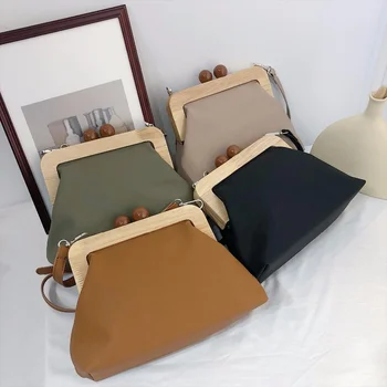 

Vintage Wooden Clip Women Shoulder Bags Luxury Pu Leather Crossbody Bag Designer Lady Messenger Bag Clutch Purse Bolso Femenino
