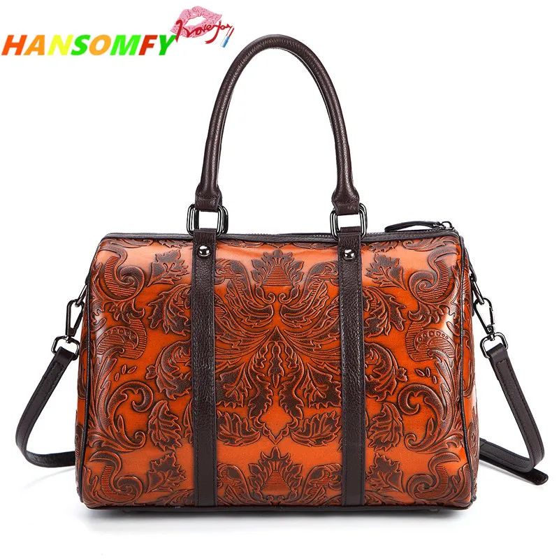 

2018 The new retro leather women handbag head layer manual color flowers zipper shoulder bag crossbody leisure bucket bags
