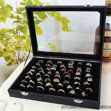 Черный кожзам кольцо лоток для хранения Коробка для показа сережек ювелирные изделия держатель, чехол, органайзер с Стекло крышка Портативный