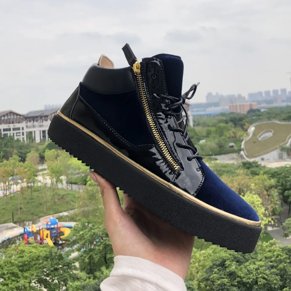 

OKHOTCN Luxury Shoes Men High-top Lace-Up Patch Suede Leather Lovers Men Shoes Zippers Sneakers Flats Male Designers Shoes Mens