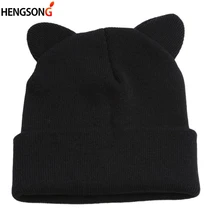 Женская милая Повседневная зимняя теплая шапка Skullies Beanies, модная дизайнерская Шерстяная кепка, шляпа с серыми и белыми кошачьими ушками, вязаные шапки, зимняя шапка